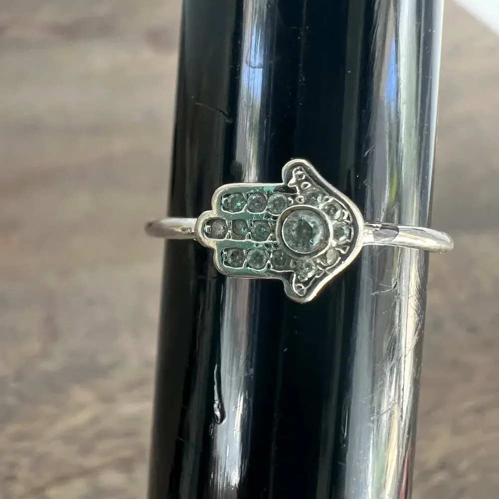 Rhinestone studded silver tone Hamsa hand ring - size 7